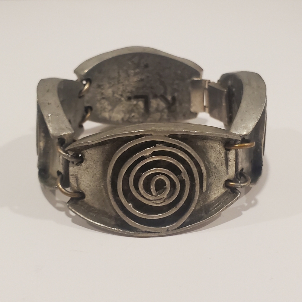 Vintage ROBERT LARIN Modernist Silver Bracelet PEWTER Spiral Panels Minimalist
